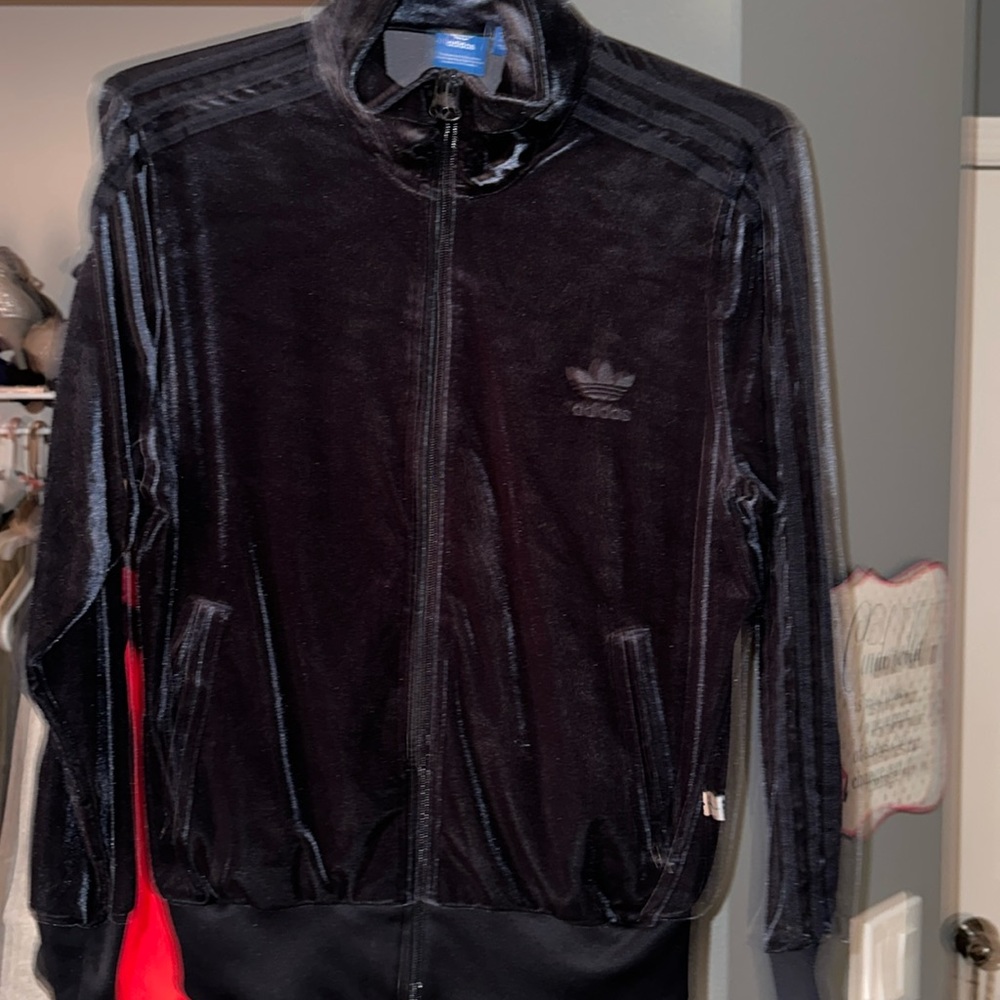 Velvet dark blue adidas women’s jacket  size large. Only warn 1.